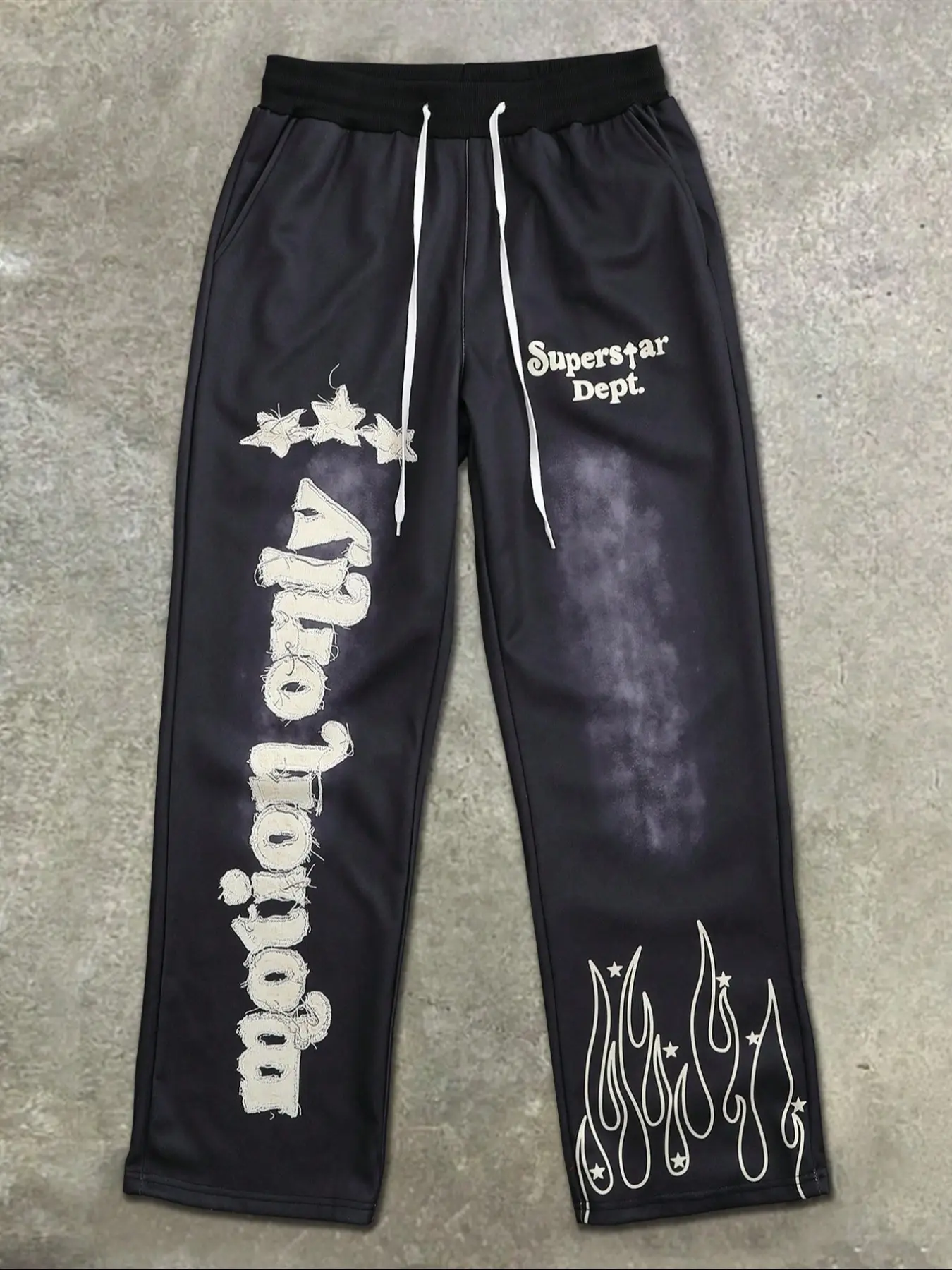 Men's Trendy Street Style Star Fire Letter Embroidered Drawstring Sweatpants, Fleece Lined Casual Loose Pants, Comfortable Fit for All Seasons