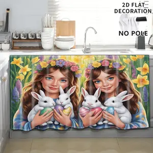 2D Flat Print 1pc,Twins with bunnies and Easter eggs,Kitchen Utensil Print Curtain-Translucent Rod Pocket Design, Machine Washable Contemporary Art Decor for Kitchen,Living Room,Light Filtering Privacy,Light Filtering Drapes