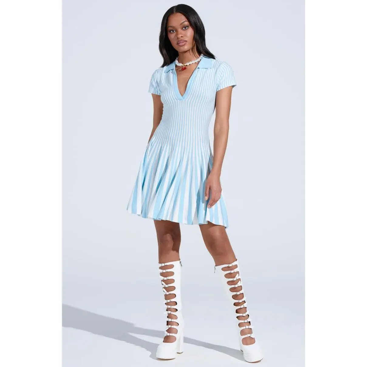 ALINA PLEATED KNIT FIT AND FLARE MINI DRESS IN BLUE - TikTok Shop