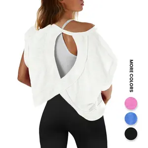 Women's backless training top, oversized backless sports short sleeved T-shirt, suitable for fitness and casual wearRAIMENTRY