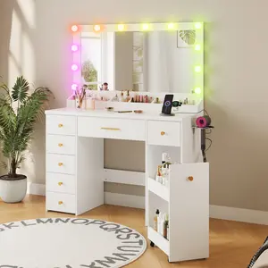 49.3-inch oversized vanity with illuminated mirror, 12 multicolor Hollywood bulbs, vanity set with 7 drawers and pull-out double-layer storage cabinet, vanity with charging station, bedroom furniture vanity mirror, Girls/Women's Vanity (White)