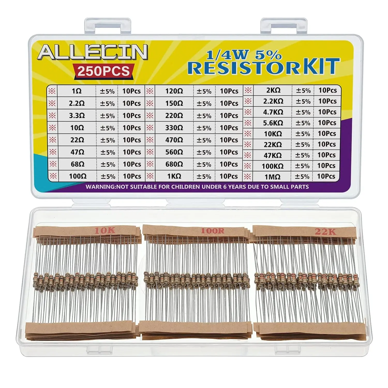 25 Values 1/4W Resistor Kit from 1 Ohm to 1M Ohm 1/4 Watt 5% Carbon Film Resistors Assortment