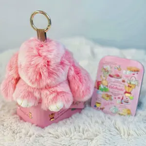 Mystic Bunnies Handmade Fluffy Bunny PomPom Keychain with Designed Tin Box, Gift for Christmas Holiday