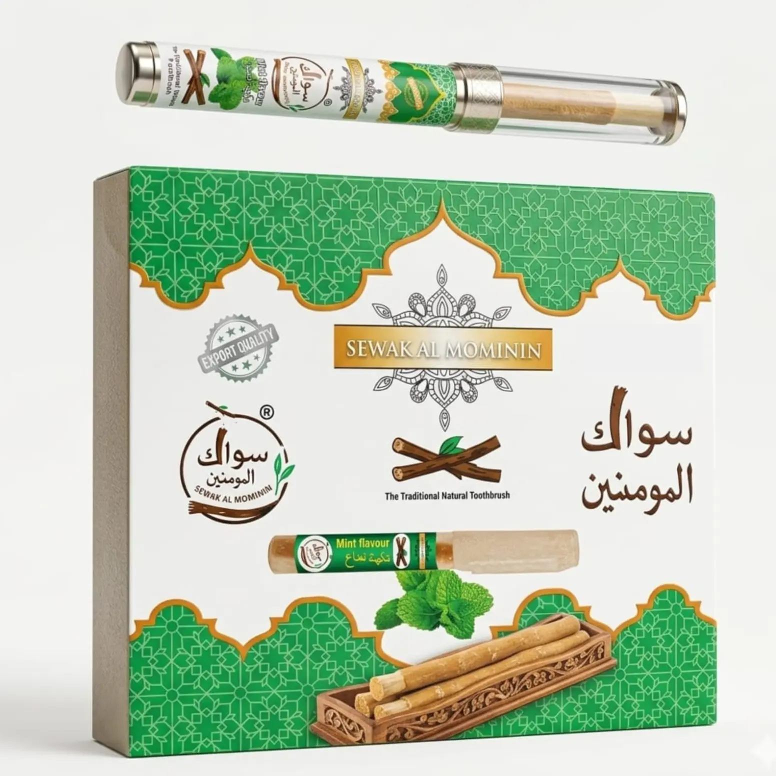 Mint Miswak Natural Toothbrush Stick with 6-in Luxury Protective Holder - Soft Bristle Wood Toothbrush, Oral Care Tool for Fresh Breath Anytime