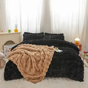 chovy Kids Girls Rabbit Plush Black Bread Grid Comforter Sets Queen - 3PC Faux Fur Bed Set Skin Friendly Soft Warm Velvet Flannel Fluffy Fuzzy Bedding（Comforter x 1 Pillowcases x 2）