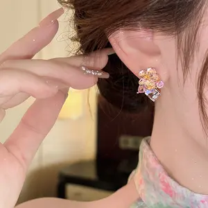 Pink Clear Flower Zircon Stud Earrings for Women DDES0596, Cool and Exquisite Niche Design Earrings, Unique and Compact, Elegant Ear Accessories, 14K Gold-Plated
