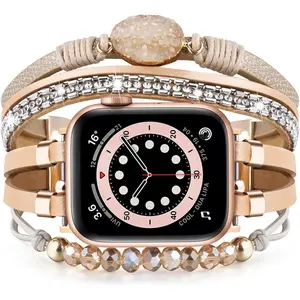 Beaded Boho Bracelet Compatible for Apple Watch Band 40mm/38mm/41mm Series 9 8 7 SE Series 6/5/4 Women Leather Handmade Multilayer Wrap Watch Strap for iWatch Bands 3/2/1 Replacement