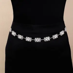 Women's waist chain accessory with rhinestones, vintage belt decoration for dresses, sweaters, suits, trendy body chain