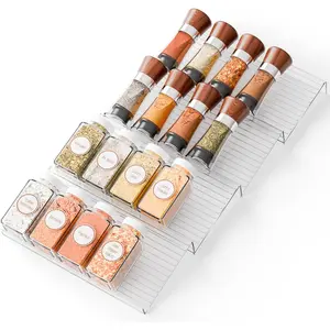 4 adjustable narrow drawer seasoning racks-expandable from 9 inches to 17.7 inches, layered transparent seasoning tray for storing seasonings, condiments and jars, Expandable drawer organizer