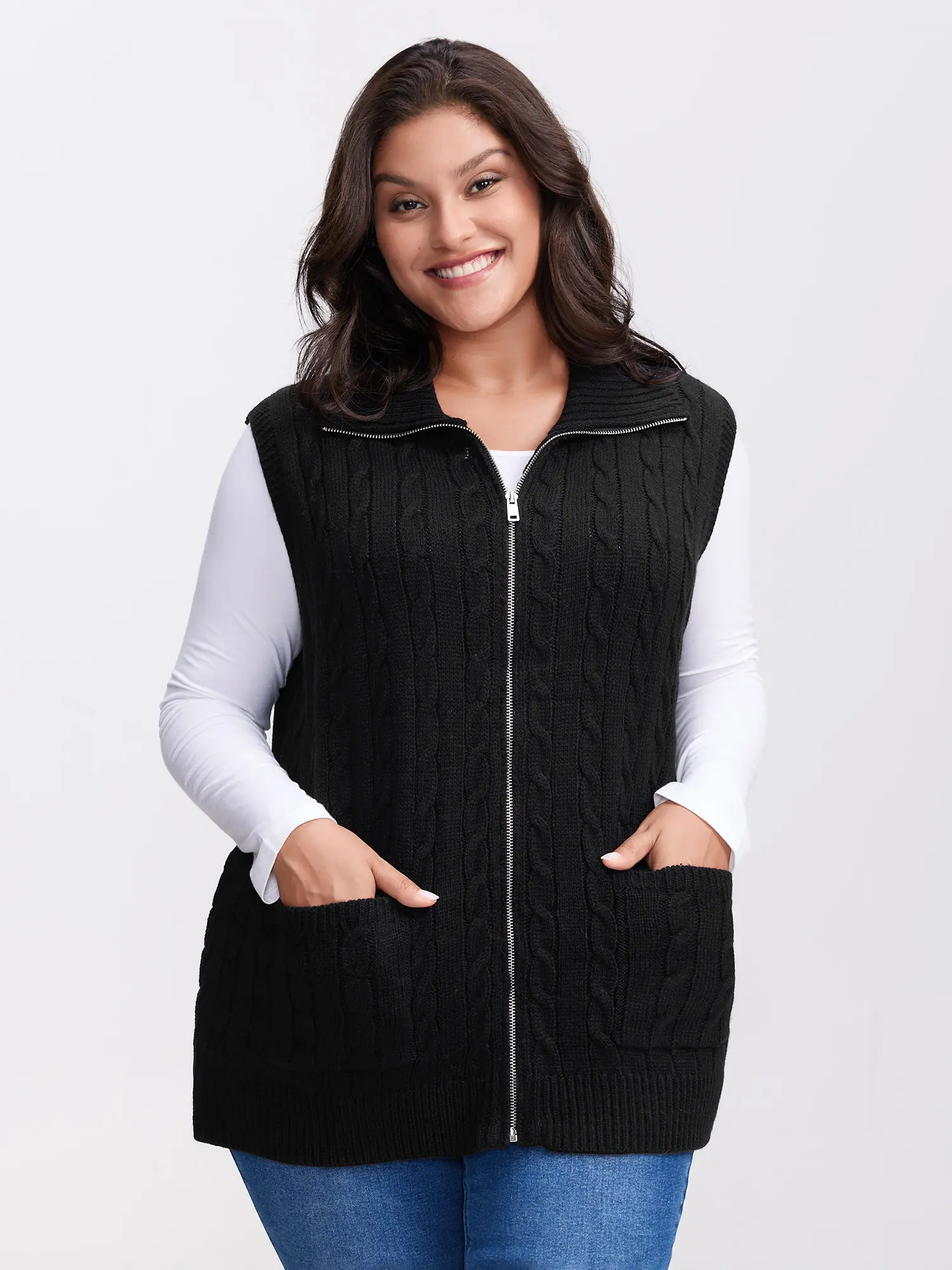 BloomChic Women's Color Block Cable Knit Vest - Casual Sleeveless Polo Collar Top with Zipper Closure, Fit Summer Knitwear Top, Garment