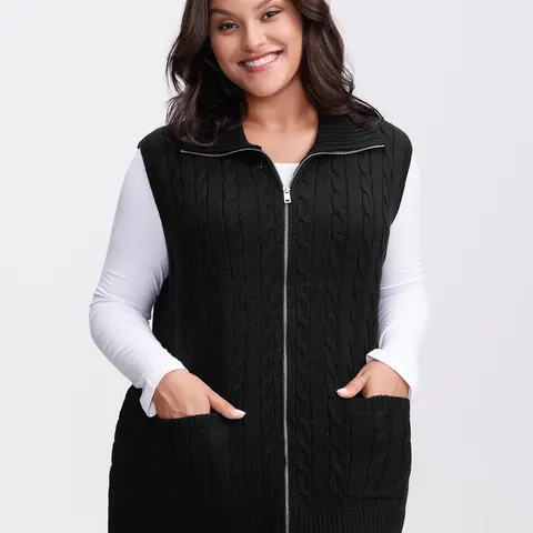BloomChic Cable Zipper Sleeveless Knit Cardigan 【M-6XL】