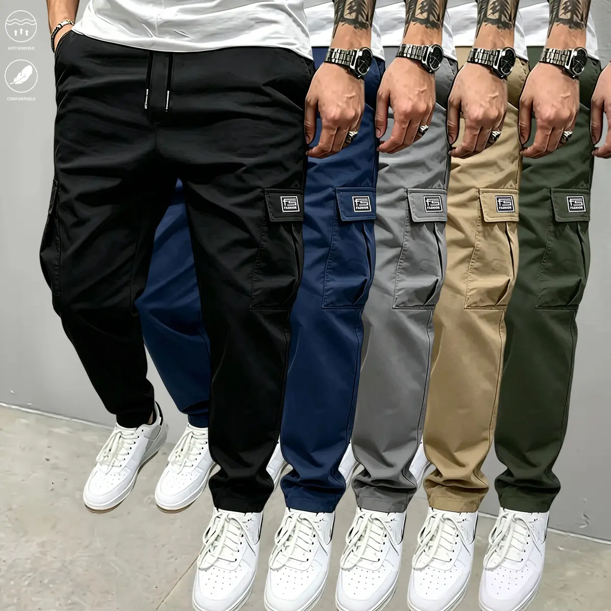 Casual Plain Cargo Trousers for Men, 5-Pack Set with Drawstring Waist and Multiple Pockets for Outdoor Everyday Wear, S