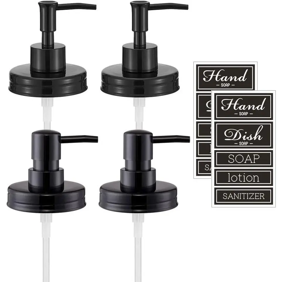 Regular Mouth Plastic Mason Jar Soap Dispenser Pumps and Lids- Rust-Proof Mason Jar Accessories Rustic Farmhouse Kitchen Counter Top Bathroom Decor and Organization - 4 Pack