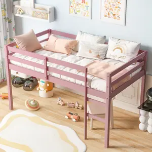 Twin Size Low Loft Bed Frame with Ladder, Rubber Wooden Twin Loft Bed Frame with Guardrail, Space Saving, Wood Slat Support, Space-Saving Design, No Box Spring Needed, Pink