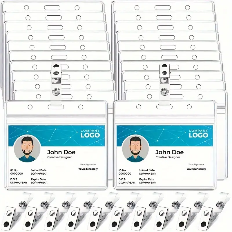 10 Durable Waterproof ID Badge Holders with Metal Clips, Transparent Horizontal Name Tag Card Holders, Suitable for Business and Events, Secure Badge Display | Fashionable Lanyard Clips | Metal Clip Attachments, ID Badge Holders