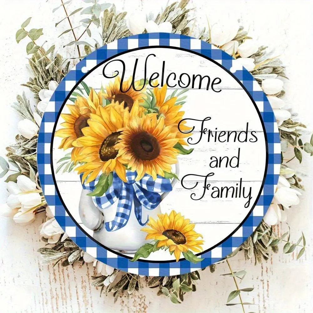 Summer Sunflower Welcome Sign, Round Wooden Decorative Plaque, Floral Wreath Centerpiece, Door & Wall Decoration, Rustic Home Accent