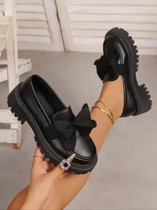 Women's Slip-On Casual Shoes, Comfortable Low-Top Design, Versatile Bow Decoration, Perfect for Daily Wear, Stylish Women's Black Footwear, Pu Leather Loafers, Casual Flats