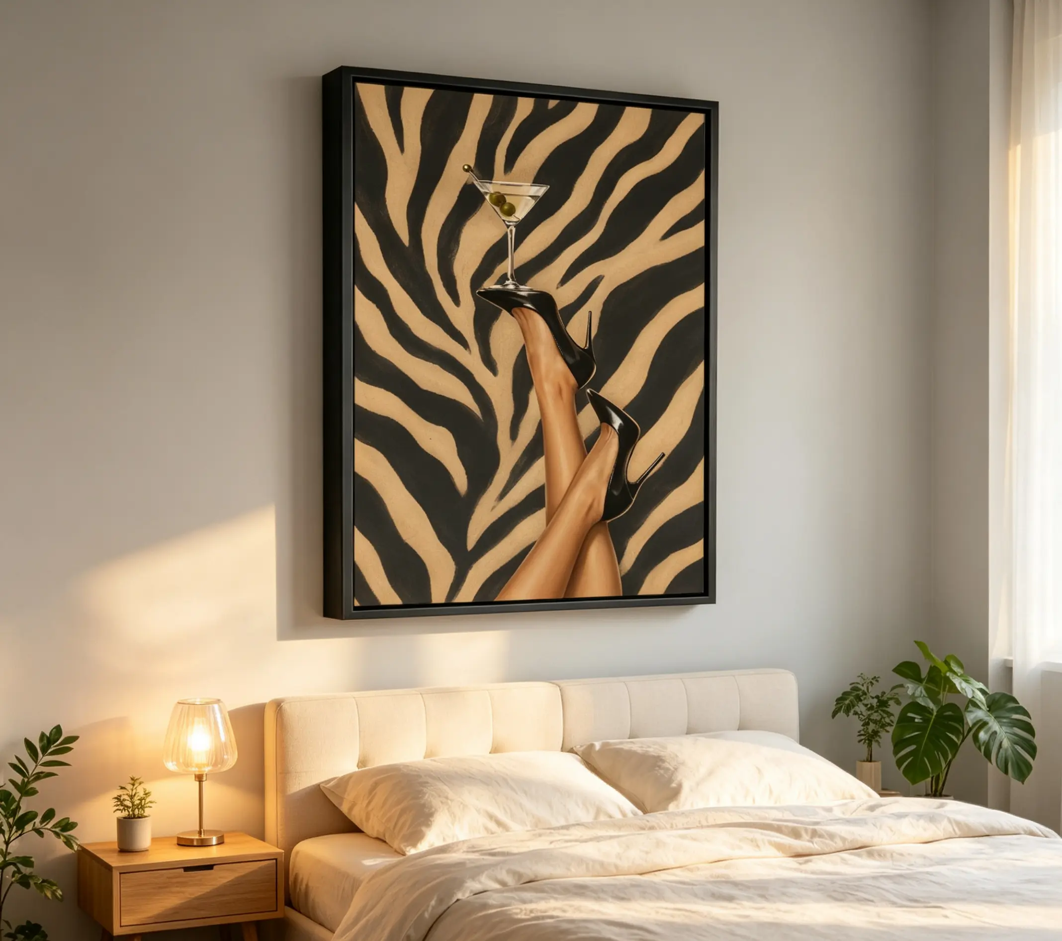 Martini Glam Wall Art Print - Zebra Pattern Fashion Poster, Chic Decor for Cocktail Bars