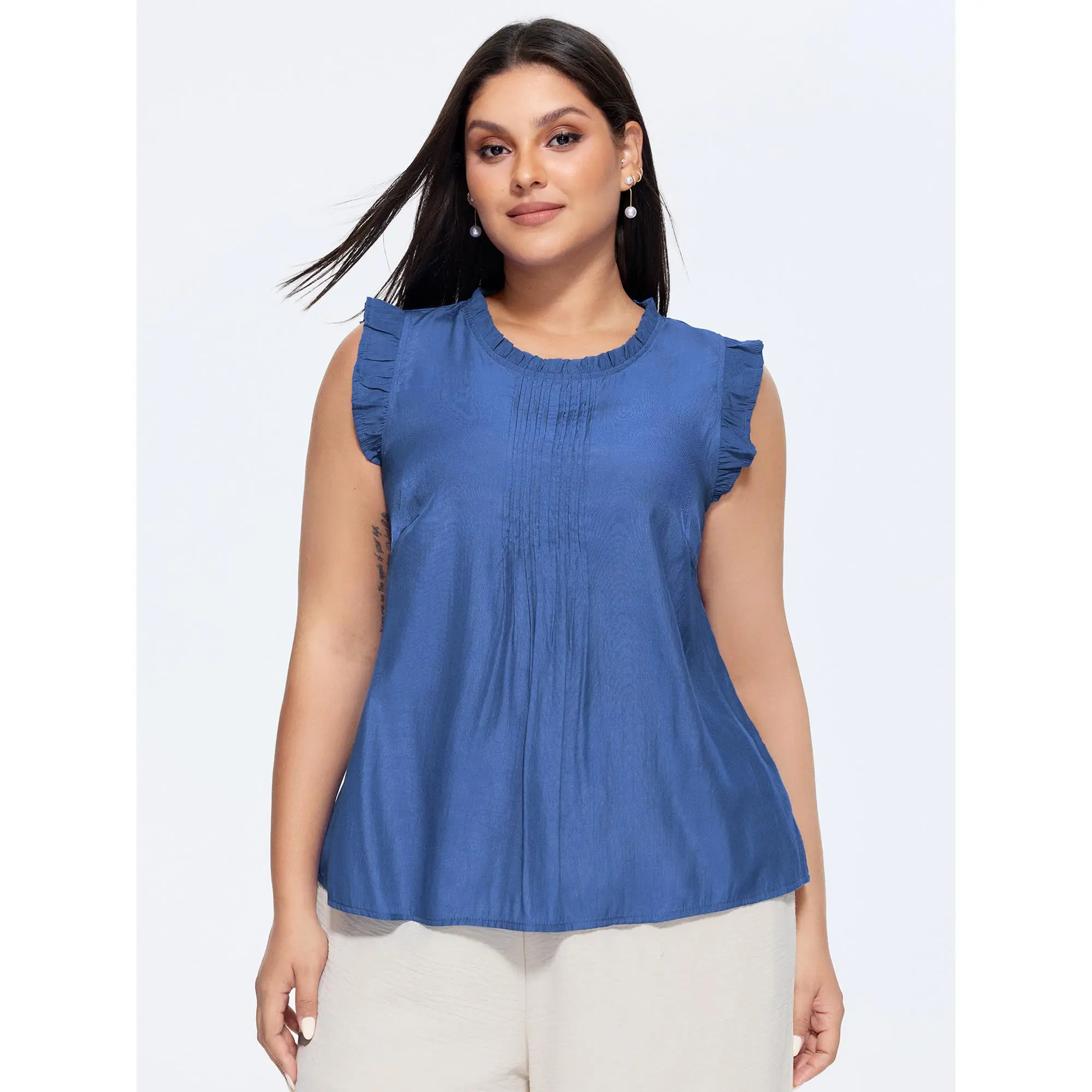 BloomChic Women's Plus Size Pleated Cap Sleeve Blouse, Solid Rayon Polyester Top with Lace Collar for Dress Casual Office OOTD, Shirts, Fabric, Rayon Blend, Regular Length, Basic Fit, Plus Size Tops, Clothes, Iron Smooths