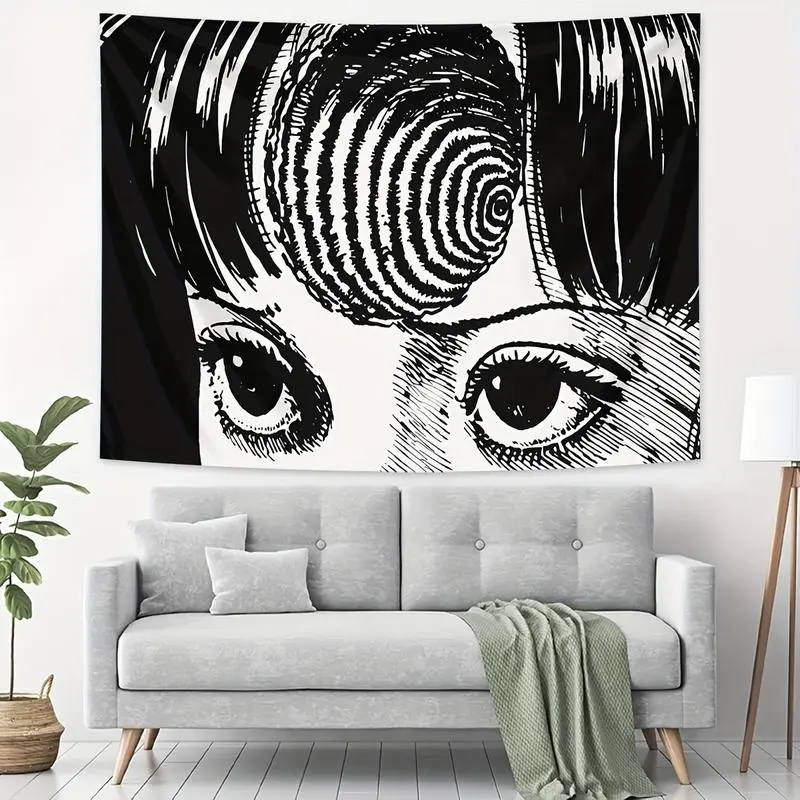 Anime-Inspired Herringbone Pattern Cotton-Linen Wall Tapestry - Bold Anime Eyes Fantasy Aesthetic Lightweight Woven Peach Skin Velvet Home Supplies, Decor Inspo Gallery Wall Hanging for Bedroom, Living Room