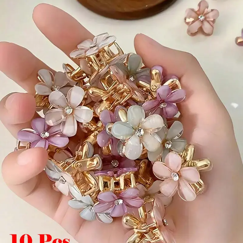 10 Pcs Sweet Mini Resin Flower Hair Clips, 2cm Alloy Camellia Design, Casual Colorblock Style, All Season Decorative Hair Accessories