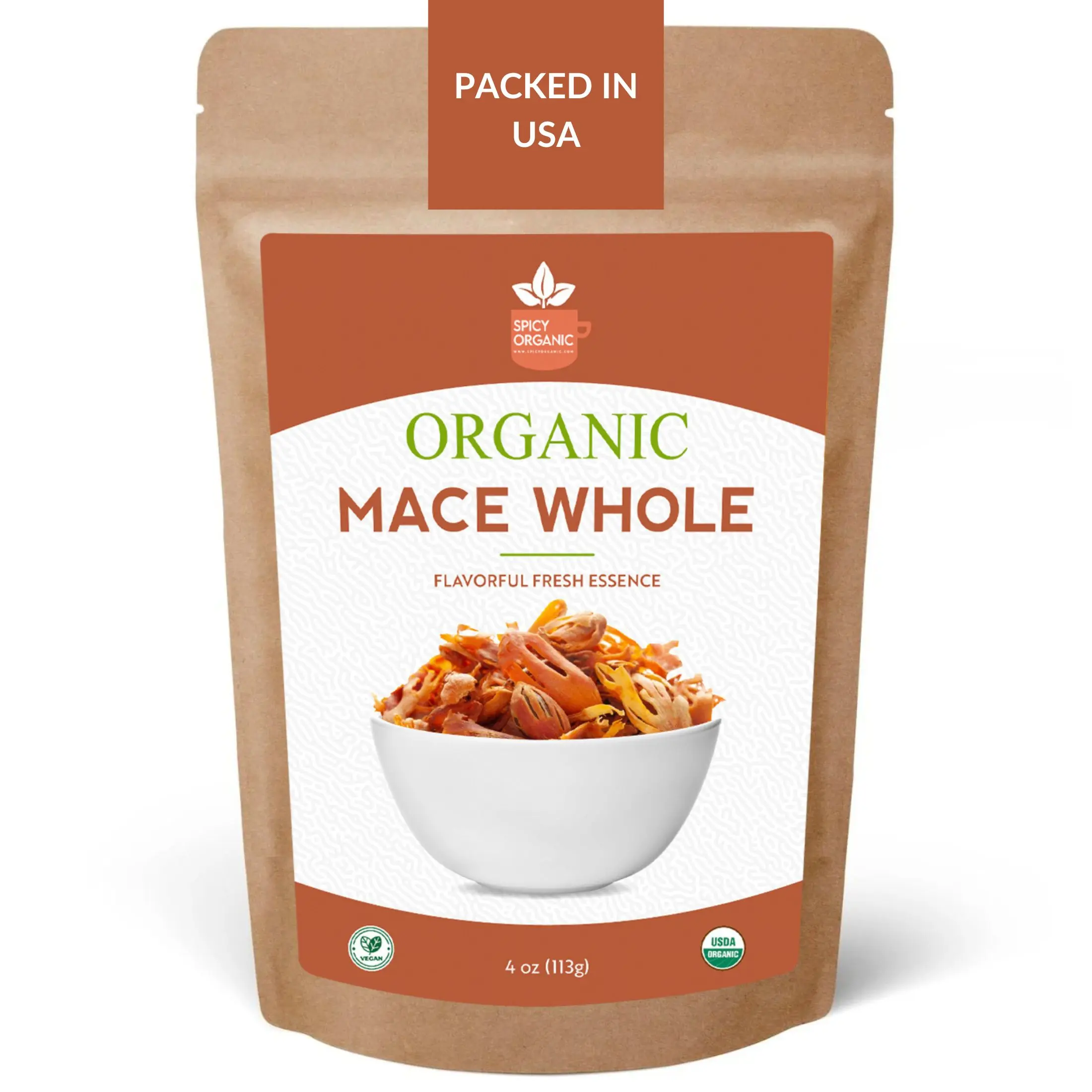 SPICY ORGANIC Mace Whole (Javantri) – 4 oz (113 g), USDA Certified Organic Mace Spice, 100% Raw, Non-GMO, Vegan, Gluten-Free – Enhance Dishes with Rich, Aromatic Flavor | Myristica Fragrans | Resealable Pouch.
