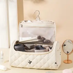 Large Capacity Quilted Cosmetic Bag & Hair Dryer Storage Bag, Portable Travel Toiletry Organizer with Multiple Pockets, for Travel Daily Makeup and Toiletry Storage