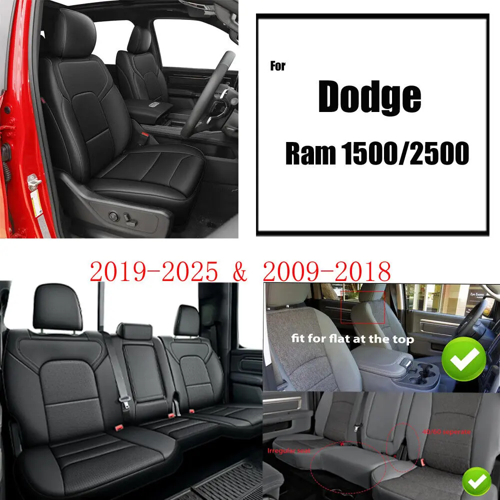 Custom Waterproof Faux Leather 5-Seat Replacement Covers for Dodge RAM 1500/2500 (2009-2025), Full-Coverage Front & Rear Car Cushions, Black, Father's Day Gift