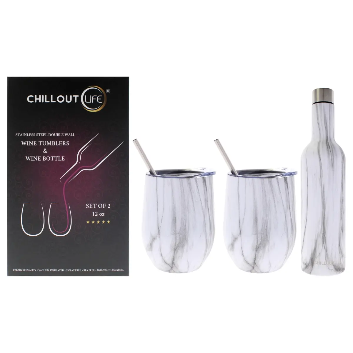 Chillout Life I0159758 Stainless Steel Insulated Wine Tumbler & Wine Bottle - Carrara Marble - 3 Piece