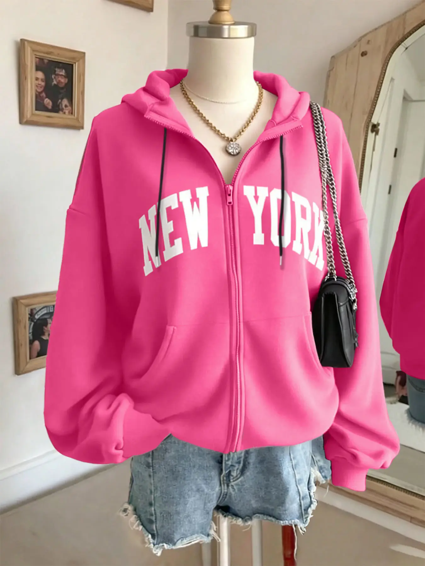 Women's Versatile Zip-Up Hooded Jackets with Zipper, NEW YORK Letter Print, Slim-Fit Long-Sleeve, Comfortable Casual Street Chic Outwear for Travel, Vacation, Campus & Street Looks Fitted, Womenswear