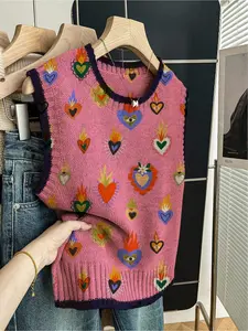 1 Piece Women's Lady Loose Sleeveless Crew Neck Knit Top with Dark Blue Trim, Color Block & Heart Print, Womenswear, Spring & Summer Casual Style, Worn Alone or with Vest, Suitable for Daily Outdoor Wear, Perfect for Valentine's Day