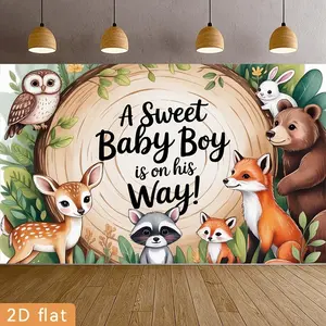1PC Polyester Reusable 2D Flat Backdrop - Woodland Animal Print Banner, Forest Friends Baby Boy Shower Decor, Photo Booth Background for Birthday Parties,summerwins