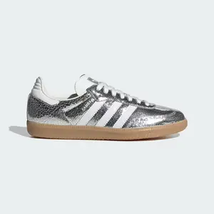 Women's Adidas Samba OG "Silver Metallic Cracked Leather" JR0035 Fashion Athletic Sneaker Trainer Shoes