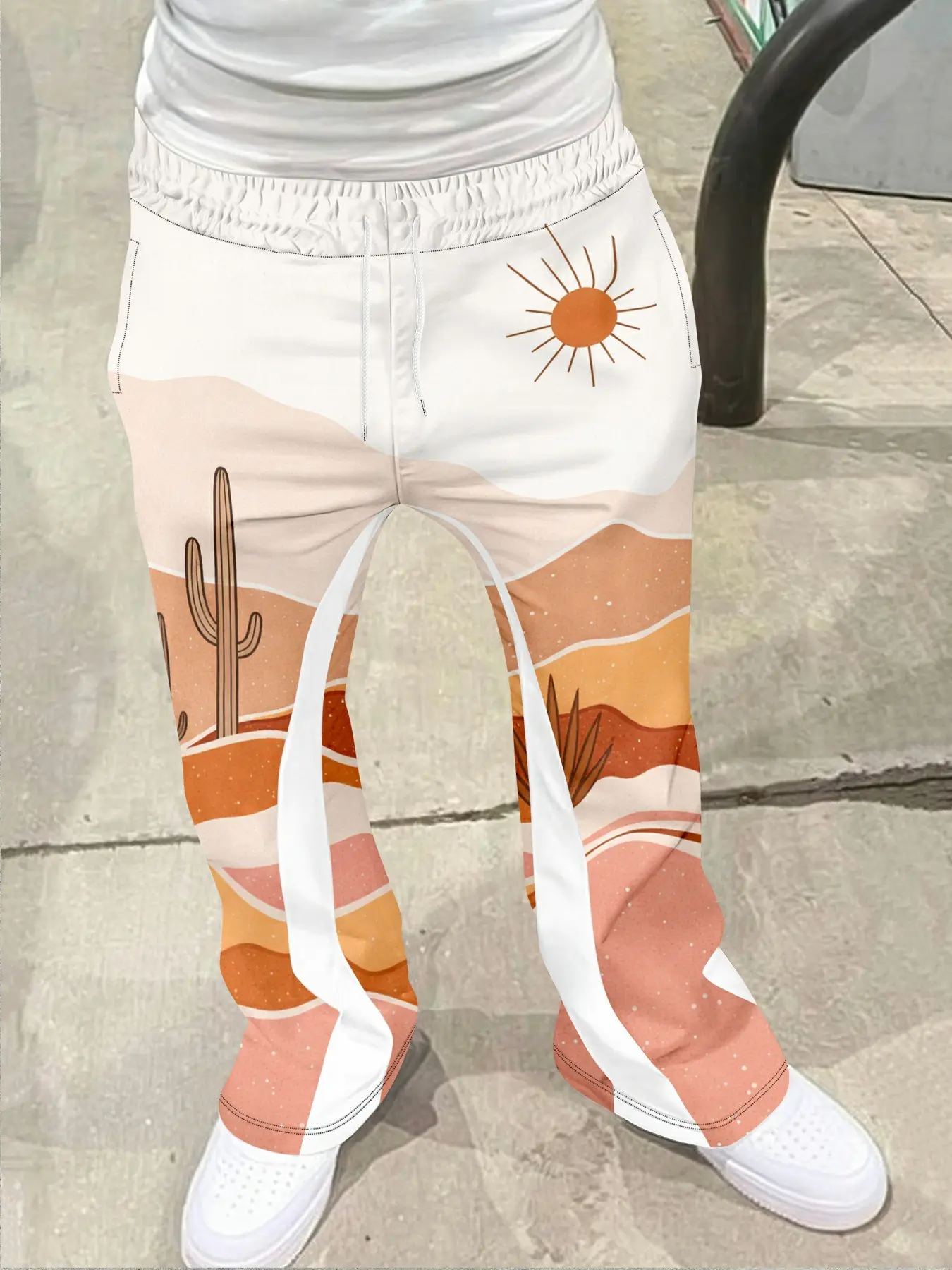 Desert Sunset Cactus Print Bell Bottoms, Bohemian Western Casual Long Pants, Geometric Pattern, Fitted Style, All Seasons