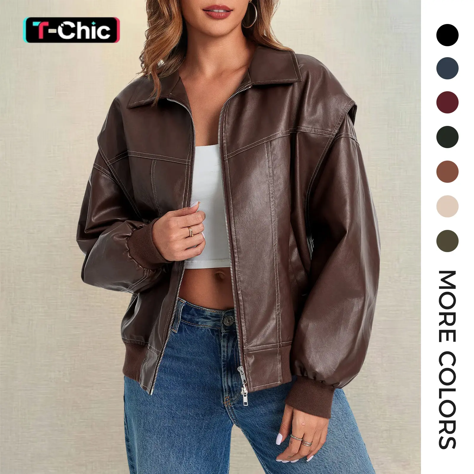 TANKANEO Women's Oversized Faux Leather Bomber Jacket, Long Sleeve Zip Up Moto Outerwear with Pockets