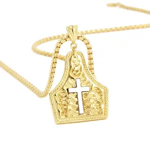 GAB Cross Necklace for Women Chunky Golden Cowboy Cross Pendant Necklaces Silver Cow Tag Belt Buckle Statement Necklace Two-Toned Jewelry Gift