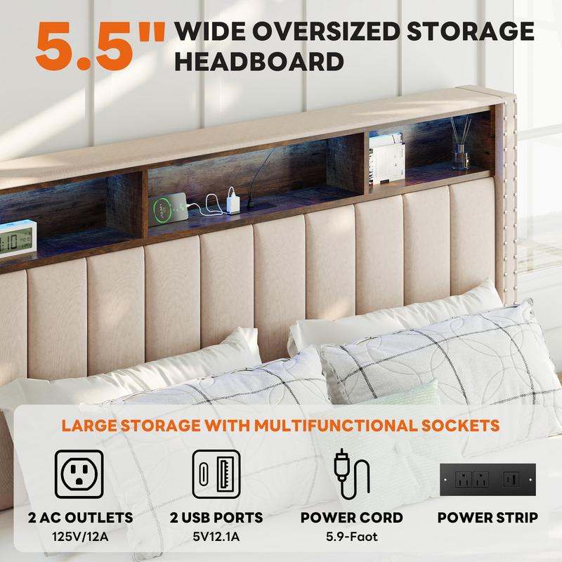 Upholstered Storage Bed Frame With LED Lights – 4 Built In Drawers & Headboard Charging Station – Modern Platform Bed For Small Bedroom And Master Suite
