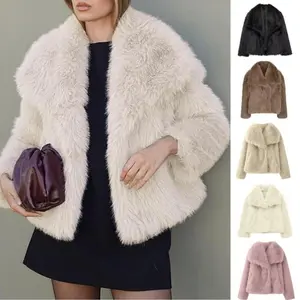 Naeduo Women's Faux Fur Coat Fluffy Faux Fur Jacket Long Sleeve Lapel Furry Winter Jackets Shaggy Parka Short Coat with Sequins and Pockets Casual Elegant Fashionable Smooth Lining Warm Open Front Design