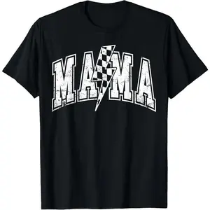 Women's Mama Lightning Bolt Checkered Varsity T-Shirt - Street Style Essential Outfits for Everyday Fit (Mother's Day Gift Option)