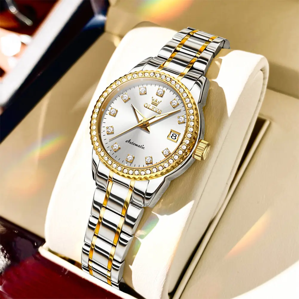 OLEVS Womens Automatic Watch Gold Luxury Diamond Self Winding Ladies Wrist Watches Waterproof Luminous Date