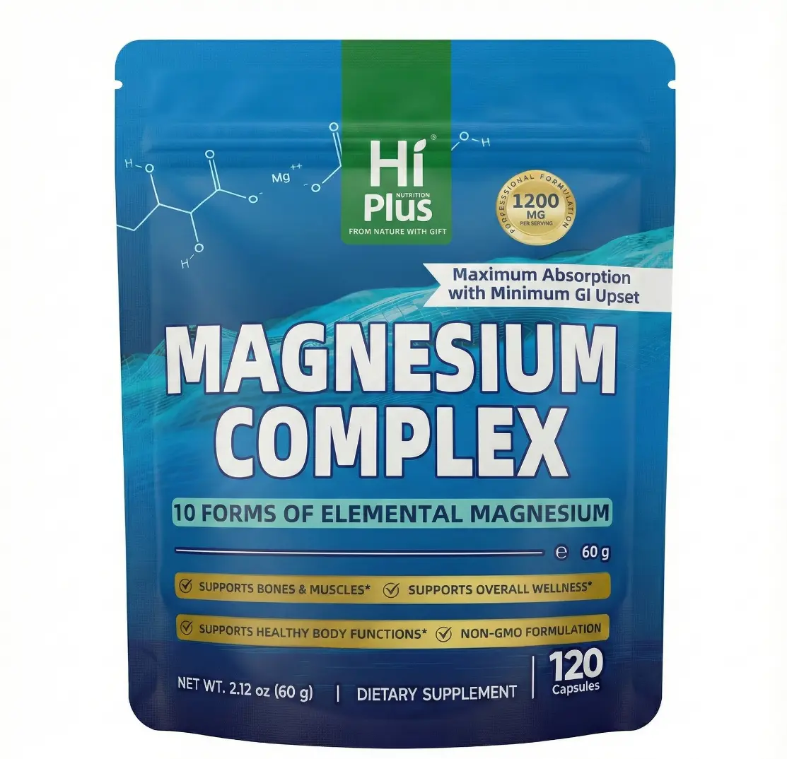 HiPlus Magnesium Complex Daily Dietary Supplement - 10 Essential Magnesium Types, 1200mg Mineral, 120 Capsules, 1-Cap Dose, Vegan-Safe, GMO-Free, Muscle & Bone Health Support, Daily Magnesium Supplement