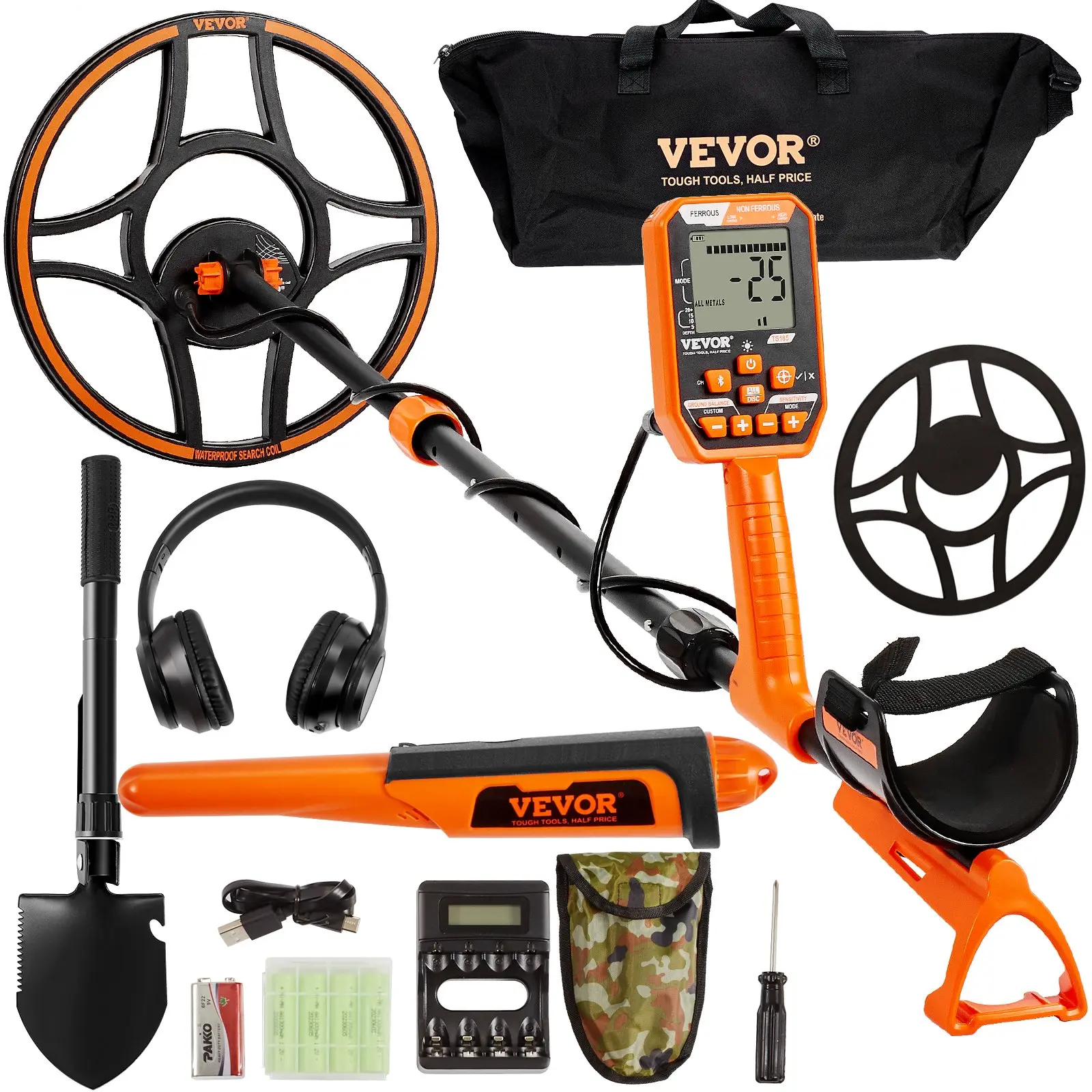 【Summerfinds】VEVOR Professional Rechargeable Waterproof Metal Detector (TS185A Model) - 12" Coil, 39-50 in Adjustable, LCD 7 Modes, Advanced DSP Chip, Bluetooth Headset, IP68 Underwater Safe, Battery Charger, Frequency, ABS, Handbag for Gold Treasure Hunt