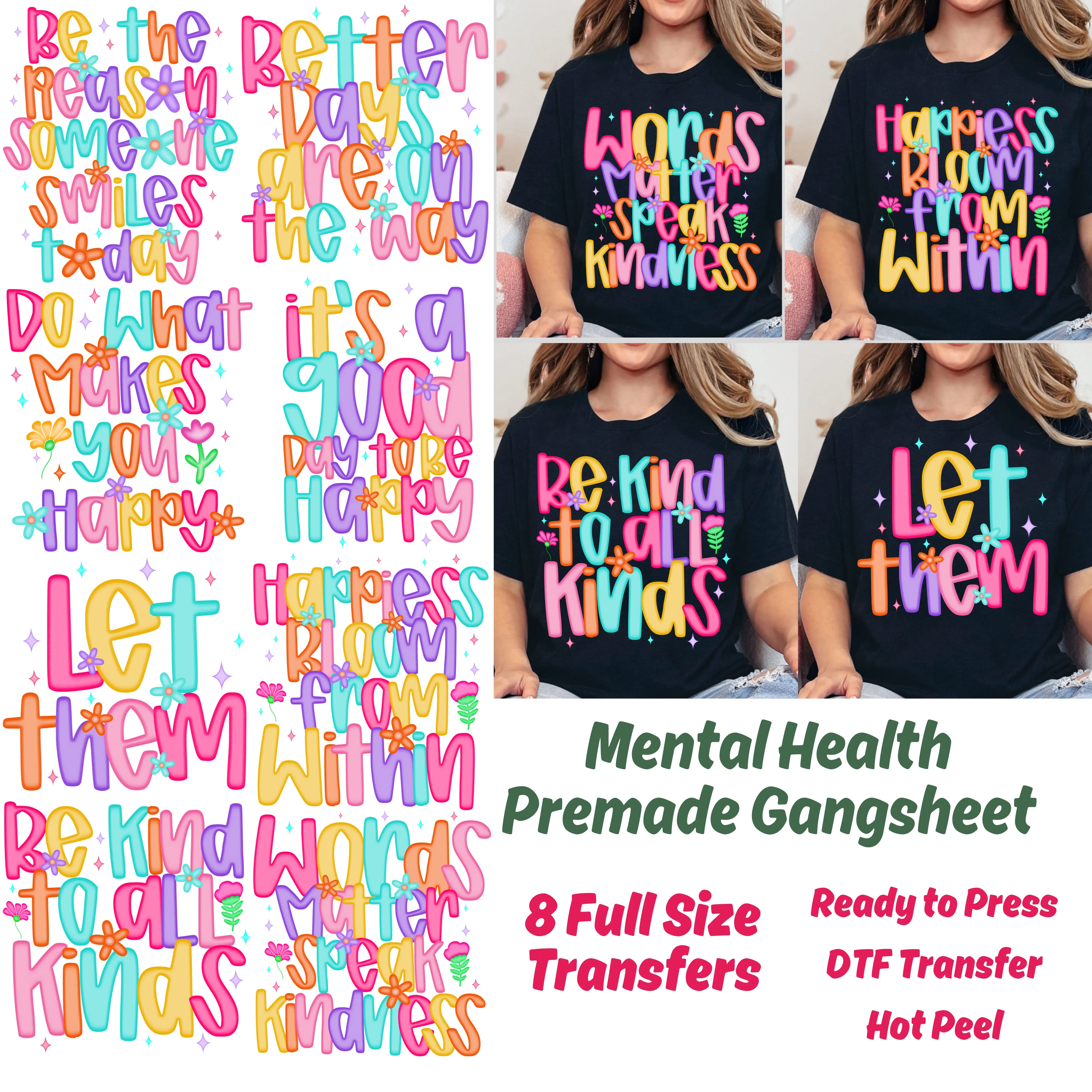 Mental Health Premade Gang Sheet, Mental Health gang sheet, DTF gang sheet, DTF Transfers, Mental Health transfers, Mental health DTF Vibrant Side Hot Peel