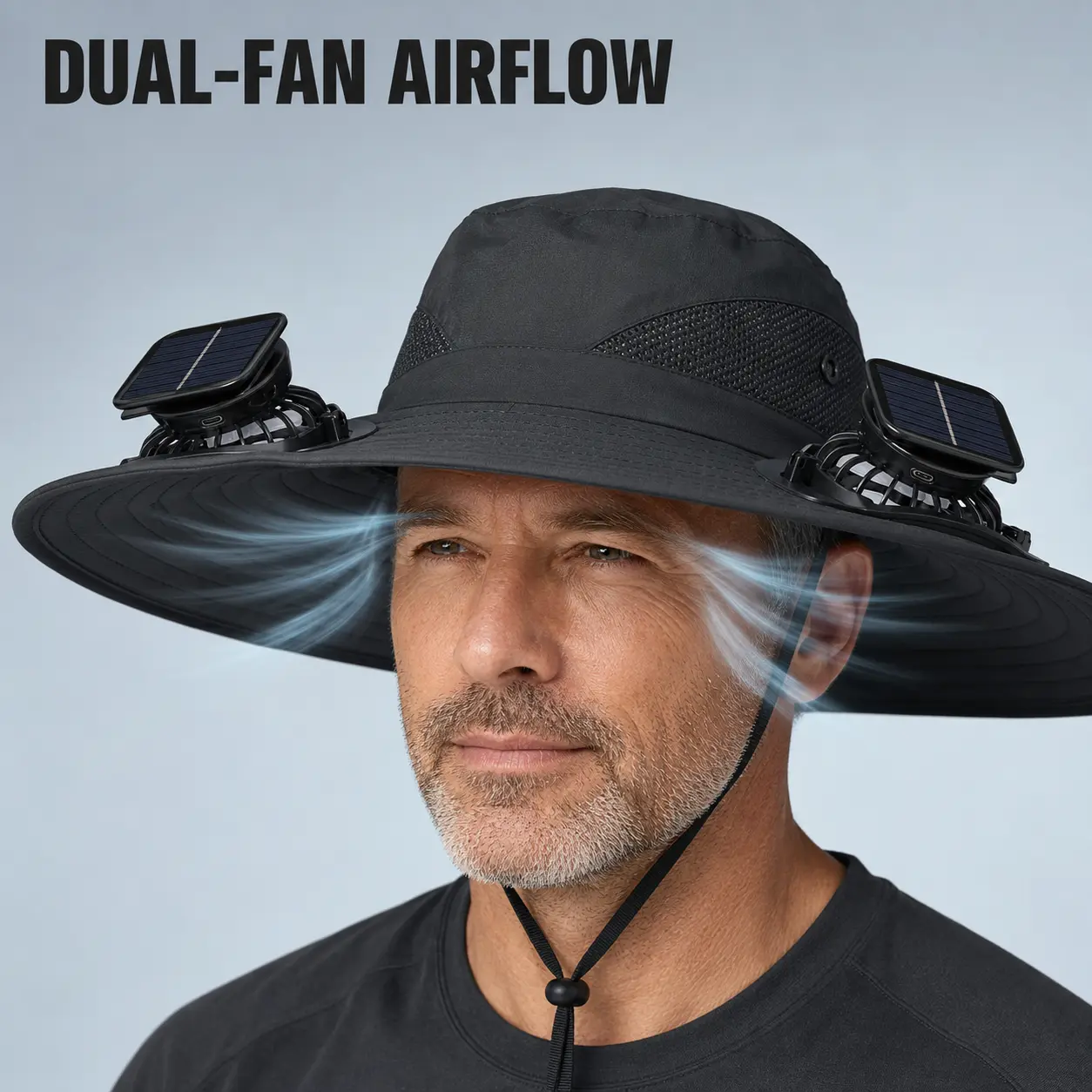 Unisex Polyester Solar-Powered Cooling Hat - 2 Fans, Extra-Wide Brim, Breathable Mesh Breathable Head Cover, Adjustable Chin Strap Adjustable Outdoor Cap, Lightweight Sun Hat Multifunctional Headwear for Outdoor Tasks, Gardening