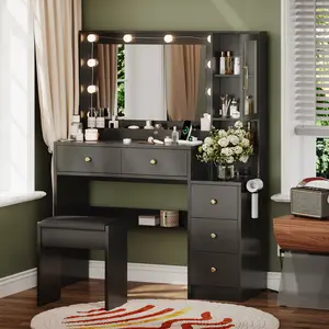 TOKSOM Vanity Desk with Mirror and Replaceable Lamp with 5 Storage Drawers Power Outlet & Chair with RGB Ambient Light Adjustable Brightness for Girls Bedroom Large Corner Desk Vanity Makeup Vanity Desk White Black Valentine's Day Gifts for Women Girls