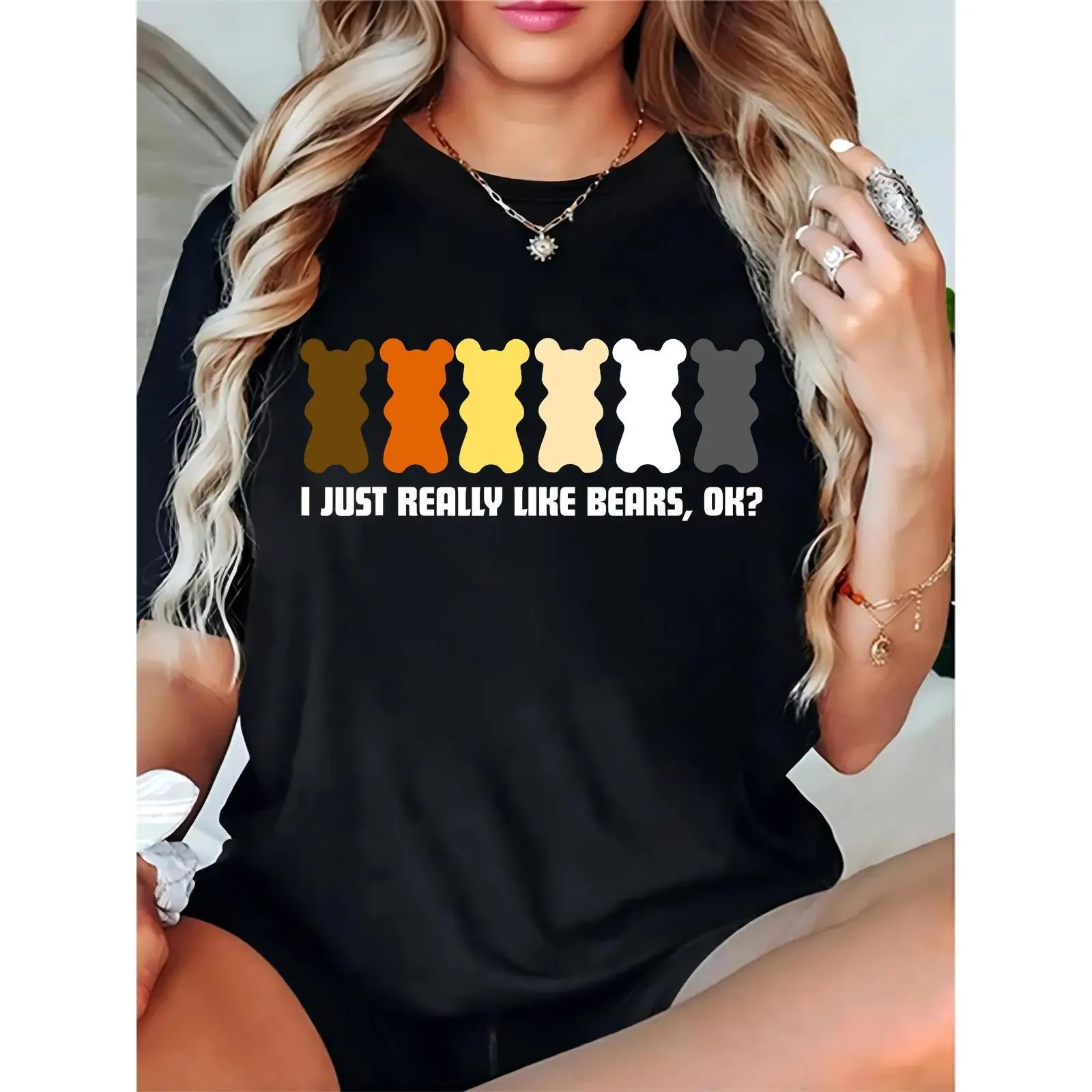 Women's Black Graphic T-Shirt with Colorful Gummy Bears & "I Just Really Like Bears, Ok?" Quote, Casual Bear Enthusiast Daily Wear Top