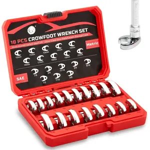 3/8" Drive Crowfoot Wrench Set, 18- Cr-v Steel Flare Nut Wrench Set, 6 Point Flare Nut Crowfoot, Fully Polished Clear Mark SAE 3/8"-7/8" & Metric 10-22mm with Organizer Box