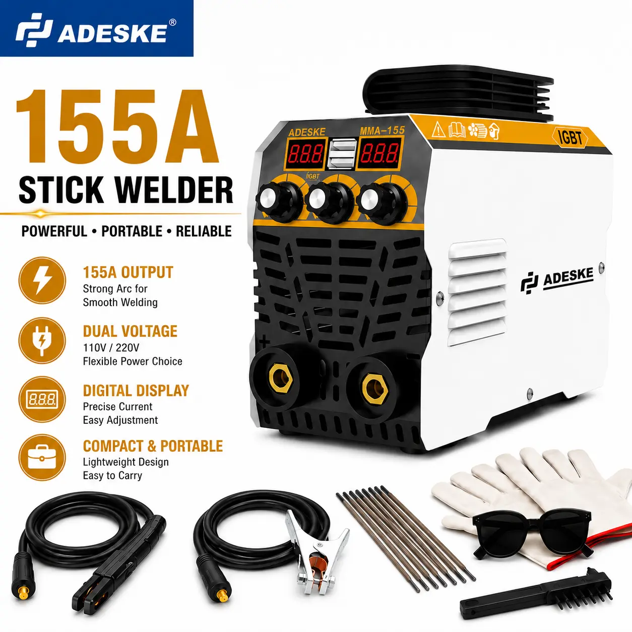 ADESKE Mini 155A Stick Welder, Portable MMA Arc Welding Machine, 110V/220V Dual Voltage, Digital Display, Complete Welding Kit for Home, DIY & Repair