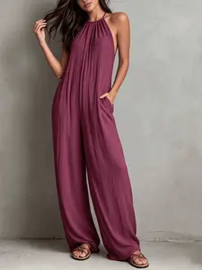 Women's Summer Solid Color Womenswear Vacation Style Ruched Sleeveless Wide Leg Jumpsuit, Casual Loose-Fitting Long Pants for Women