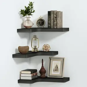 Corner Floating Shelves Wall Shelf Wood for Bedroom Room Set of 3, Black, Invisible Brackets